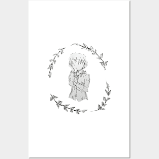 Dark Academia Aesthetic Ink girl with leaves black and white Posters and Art